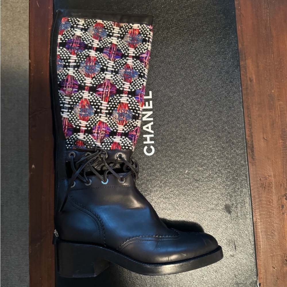 Chanel combat open ankle knitted boots